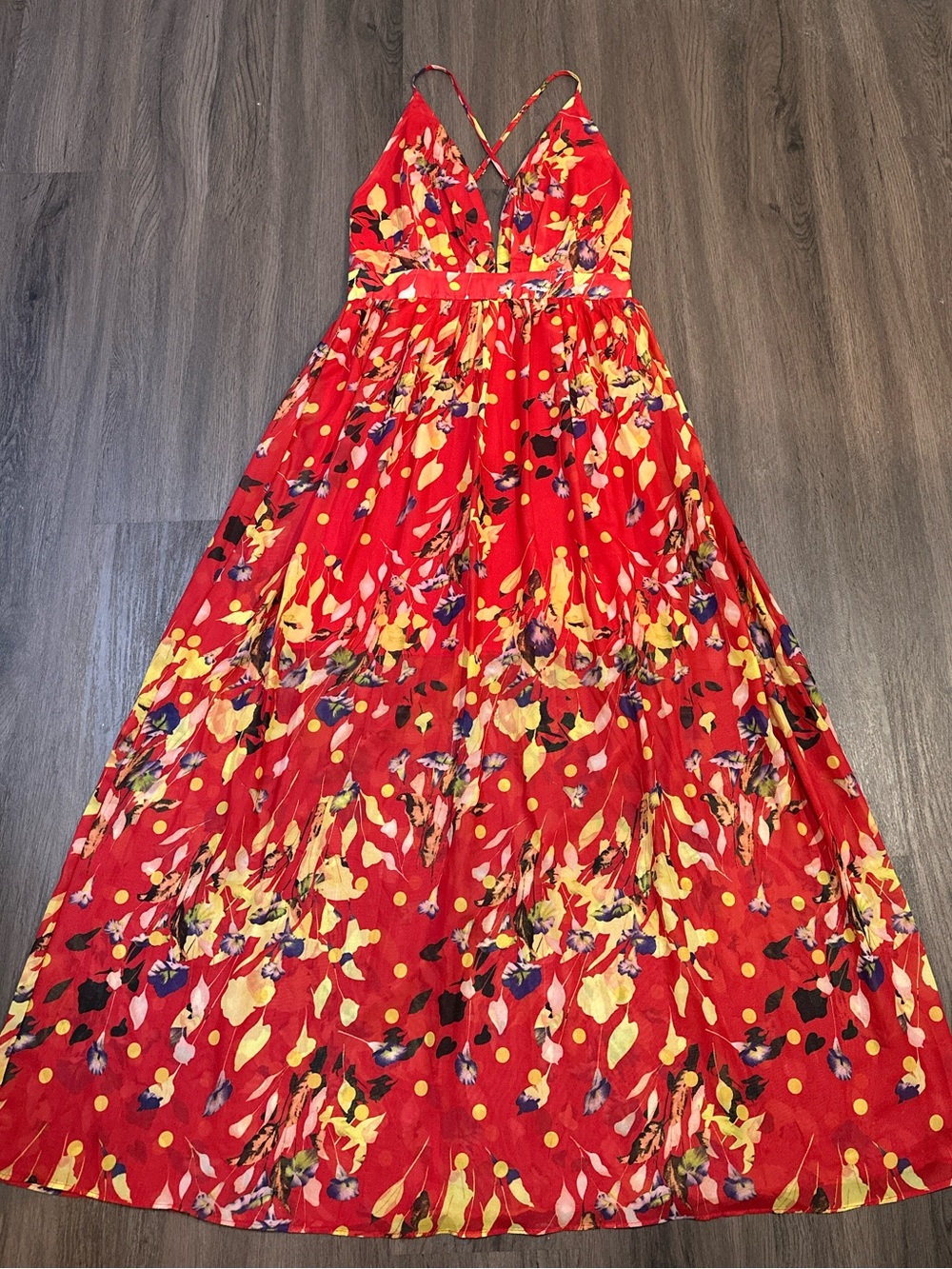 Red Floral Maxi Dress Open Back Crisscross Strappy Boho Cottagecore Medium - Picture 2 of 9